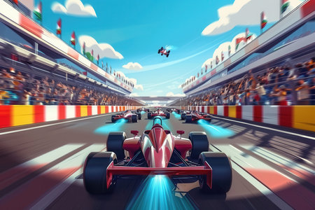 Racers compete on a vibrant go-kart track as enthusiastic spectators watch, enjoying the thrill of the high-speed event.の素材