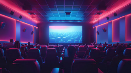 Audiences are immersed in an exciting cinematic experience within a colorful theater featuring plush seats and a large screen.の素材