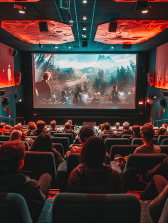 A diverse group of people relax in a modern theater, fully engaged with a large screen showing an exciting film.の素材