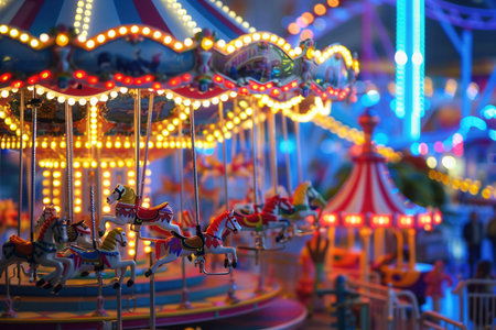 Families and friends create joyful memories at the amusement park, surrounded by colorful lights, thrilling rides, and lively atmosphere.の素材