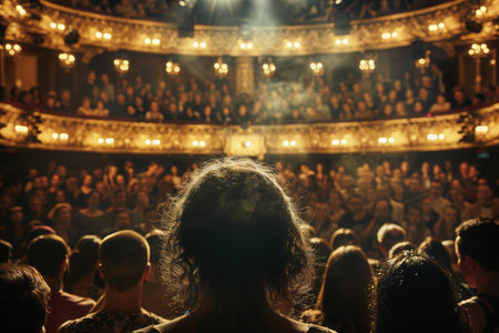 A captivating theater performance unfolds as actors in costumes engage a captivated audience under elegant lighting.の素材
