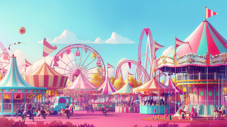 Families and friends gather at a vibrant amusement park, enjoying thrilling rides, lively attractions, and each other's company under a clear sky.の素材