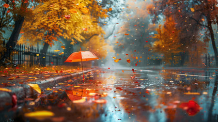 Raindrops create a tranquil atmosphere as colorful umbrellas stand out against puddles and fallen leaves in an autumn day.の素材
