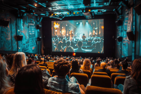 People sit back in comfortable seats, captivated by a film on the big screen in a welcoming movie theater atmosphere.の素材