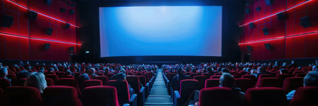 Moviegoers relax in plush seats as they eagerly await the start of a film, immersed in the vibrant atmosphere of the theater.の素材