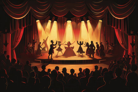 A lively theatrical production unfolds on stage, captivating an audience dressed elegantly as actors display their talents in costumes.の素材