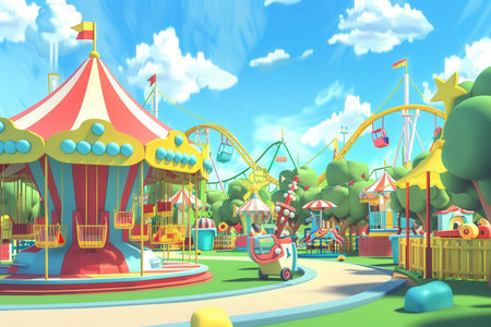 Families and friends are delighting in thrilling rides and colorful attractions at a lively amusement park filled with laughter.の素材