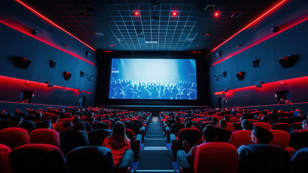 The theater is bustling with people as they sit comfortably, captivated by a film on the large screen in dim blue light.の素材