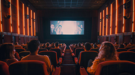 The audience is engaged in a film, sitting in soft chairs while a bright screen illuminates the room, creating an inviting atmosphere.の素材