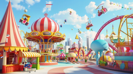 Families and friends delight in a lively amusement park filled with rides, games, and laughter under a clear blue sky.の素材
