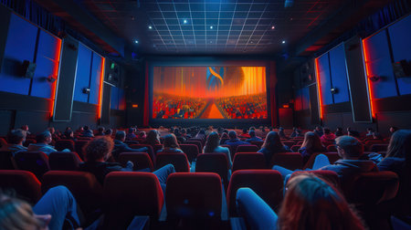 Audience members relax in cozy seats while watching an exciting film on a large screen in a modern movie theater.の素材