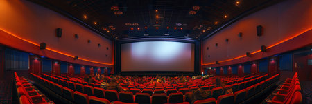 Guests relax and enjoy a film in a welcoming movie theater filled with cozy seating and a large, captivating screen.の素材