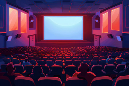 Guests settle into comfortable seats, engaged in the cinematic experience of a thrilling film at this welcoming movie theater.の素材