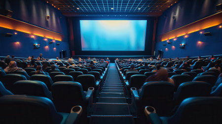 A lively movie theater where guests relax in comfortable seats, captivated by a film on the giant screen during the evening.の素材