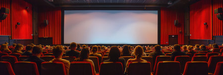 A lively group of moviegoers relaxes in comfortable seats, eagerly awaiting the start of their film in a cozy theater.の素材