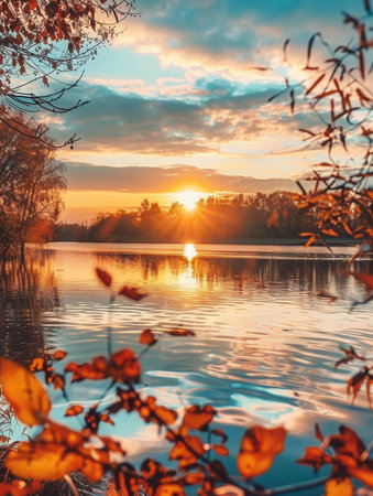 A stunning autumn sunset paints the sky with vibrant colors, while reflections shimmer on the water's surface in peaceful surroundings.の素材