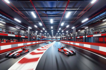 Go-kart racers navigate sharp turns on a brilliantly lit indoor track while enthusiastic spectators cheer from the stands.の素材