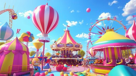 Visitors delight in a fun-filled day at the amusement park, exploring colorful rides, games, and attractions under a sunny sky.の素材