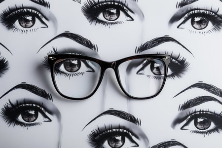 These fashionable eyeglasses are displayed prominently against a unique pattern of beautifully stylized eyes, highlighting creativity.の素材