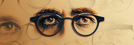 A pair of elegant eyeglasses stands out against a creative background of illustrated eyes, conveying a sense of modern style.の素材