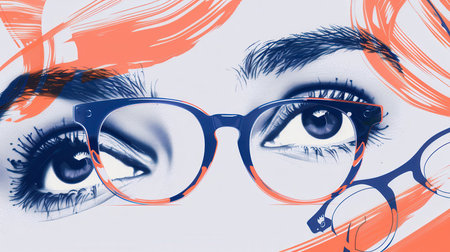 A striking pair of eyeglasses rests against a vibrant backdrop of illustrated eyes, highlighting stylish design and artistic flair.の素材