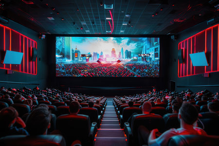 Moviegoers are seated comfortably as they watch an exciting film on a large screen in a cozy theater filled with anticipation.の素材
