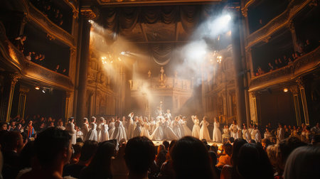 A lively theater performance unfolds as actors, adorned in costumes, captivate an attentive audience with their artistry.の素材