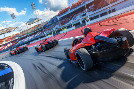 Cars are racing competitively on a go-kart track while enthusiastic spectators watch the action unfold under a clear sky.の素材