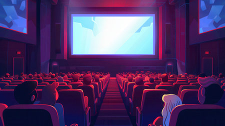 People are watching a captivating film in a cozy theater filled with comfortable seats and a large, brightly lit screen.の素材
