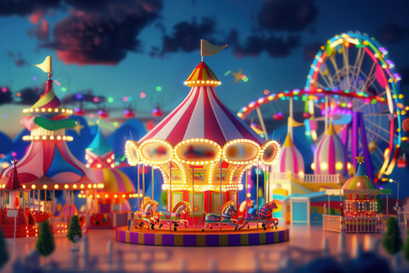 Families and friends enjoy thrilling rides, vibrant carousels, and lively attractions at the amusement park during a joyful evening.の素材