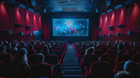 A packed movie theater features comfortable seats and a large screen, while viewers are engaged in a thrilling cinematic adventure.の素材