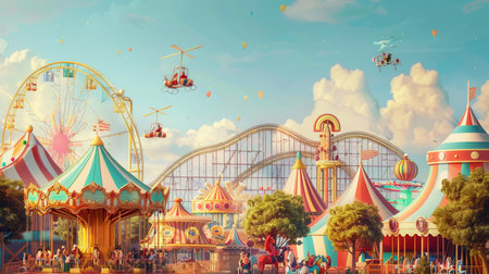 Visitors are happily exploring an amusement park with thrilling roller coasters, whimsical carousels, and colorful attractions under a clear sky.の素材