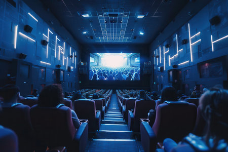 People relax in comfortable seats as they immerse themselves in a captivating film on the big screen at the theater.の素材