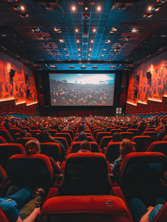 People are seated in cozy chairs, enjoying a film on a large screen in a welcoming movie theater ambiance during a crowded showing.の素材