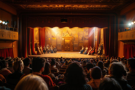 Theater performers in elaborate costumes deliver an engaging performance as an audience attentively watches in an atmospheric venue.の素材