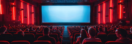 Audience members relax in comfortable seats, watching an engaging film on a bright screen surrounded by stylish red lighting.の素材