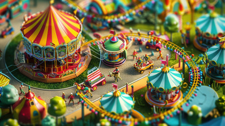 Families and friends explore a lively amusement park with bright attractions, including roller coasters and carousels, under the sunny sky.の素材