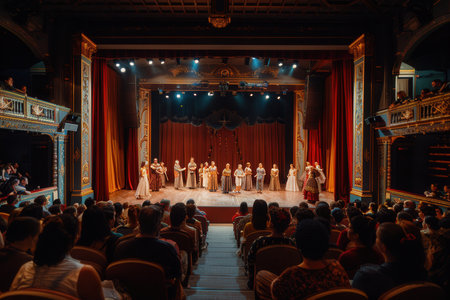A captivated audience watches as actors in elaborate costumes deliver an engaging performance on a beautifully lit theater stage.の素材