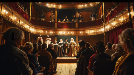 Actors dressed in period costumes engage in a lively performance on a beautifully lit theater stage with an eager audience watching.の素材