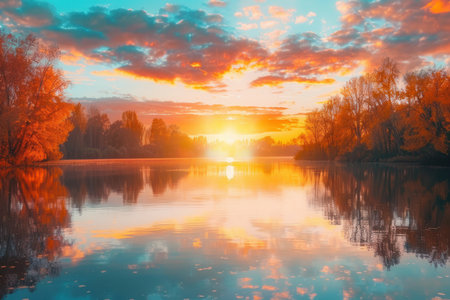 The sky is ablaze with colors as the sun sets over the calm water, surrounded by autumn foliage in a peaceful landscape.の素材