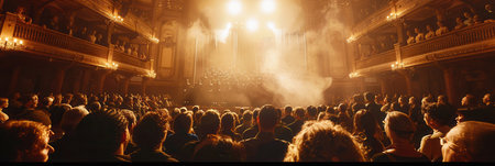 Actors in elaborate costumes perform on stage while an engaged audience enjoys the theatrical experience in a lavish theater.の素材