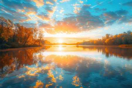 As the sun sets, warm autumn hues illuminate the sky and create stunning reflections across the calm water, showcasing natureの素材