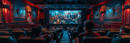 An audience relaxes in comfortable seats, captivated by a film on a large screen in a warmly lit theater setting.の素材