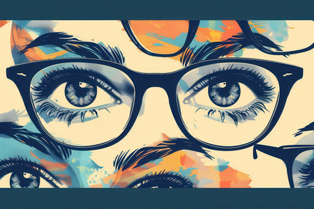 The composition features fashionable eyeglasses highlighted against a vibrant background filled with artistic representations of eyes.の素材