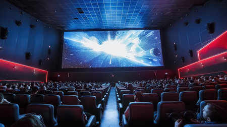 A crowd enjoys a captivating film in a comfortable theater setting, highlighted by a massive screen and plush seating.の素材