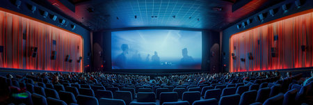 Audience members enjoy a thrilling film in a cozy movie theater, surrounded by vibrant decor and comfortable seating under soft lights.の素材