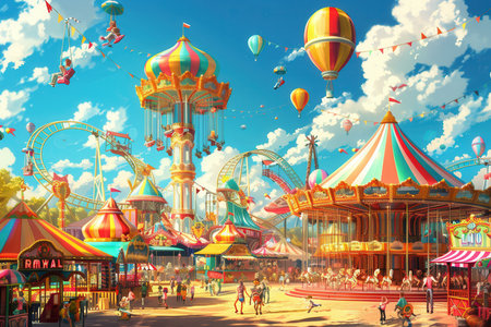 Families and friends delight in a vibrant amusement park filled with thrilling rides, lively carousels, and colorful balloons in a sunny atmosphere.の素材