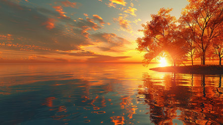 As the sun sets, the sky bursts with vibrant autumn colors, casting reflections on the calm water, creating a serene atmosphere.の素材