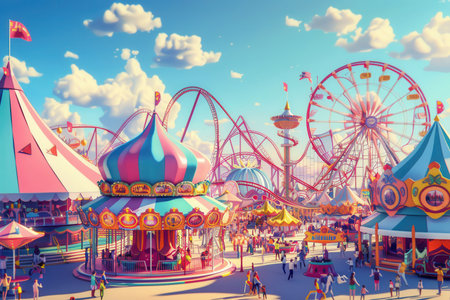 Families and friends are exploring a lively amusement park, riding carousels and roller coasters while enjoying the festive atmosphere.の素材
