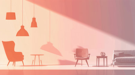 Various silhouettes of furniture including an armchair, table, and lamp against a soothing light gradient evoke a minimalist ambiance.の素材
